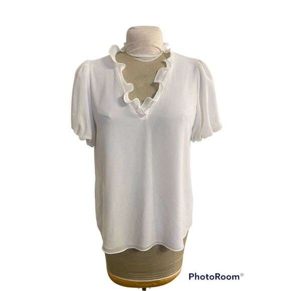 Naked Zebra Flowy Ruffle Neck Blouse White Sz. L Puff Sleeves Spring Easter - Picture 1 of 13